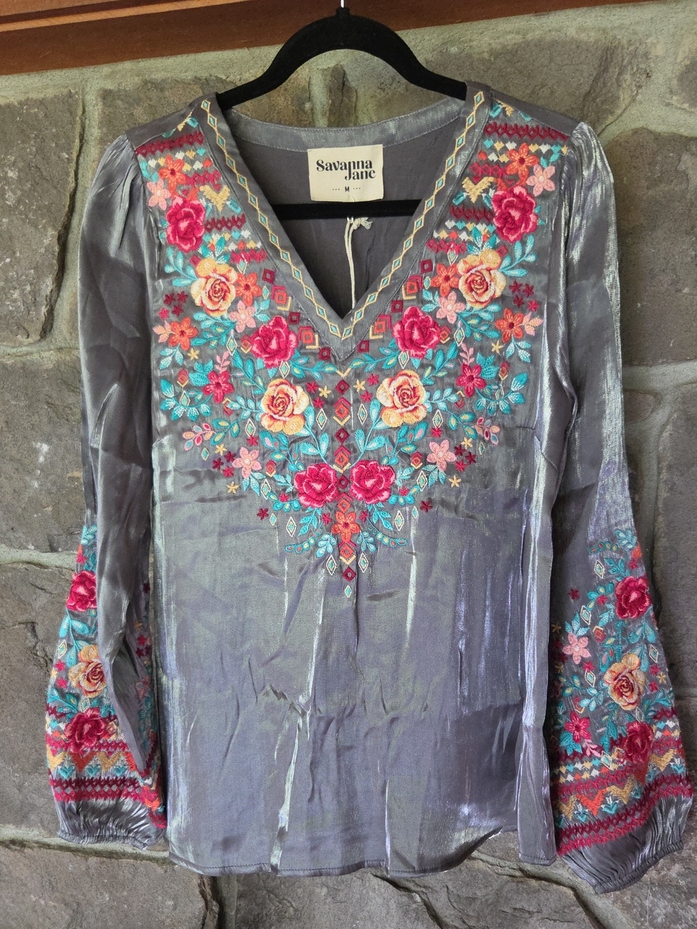 Savanna Jane Silver Gray Embroidered V-Neck Tunic with Multicolor Floral Accents